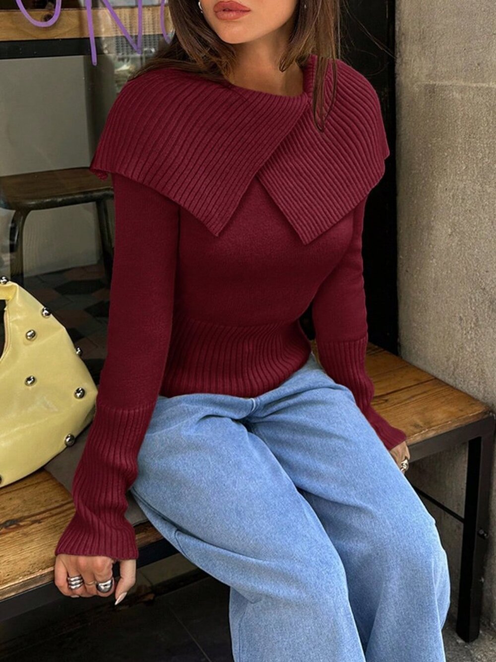 Burgundy Casual Women's Asymmetrical oversize collar Rib-Knit Slim Fit Pullover
